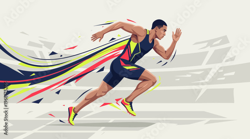 Dynamic vector illustration of a professional male sprinter running fast with colorful motion trail effects on track