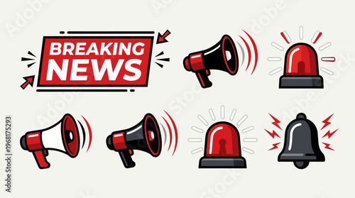 Breaking news vector icon set with megaphone sirens and ringing bell symbols for alert and announcement concepts