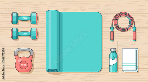 Flat lay vector illustration of fitness equipment set including yoga mat dumbbells kettlebell and jump rope on wooden floor