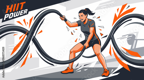 Dynamic female athlete performing HIIT battle rope workout flat vector illustration