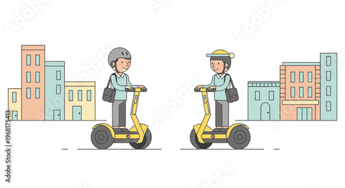 Two people on personal transporters, with buildings in the background, in a line art style