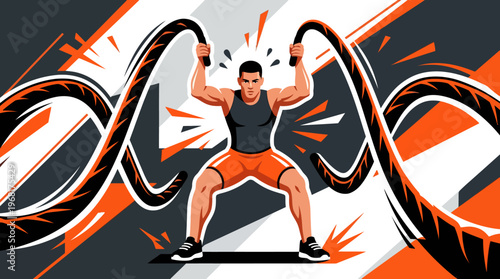 Dynamic flat vector illustration of a strong male athlete performing battle rope workout in gym