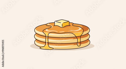 Stack of delicious golden brown pancakes with melting butter and syrup.