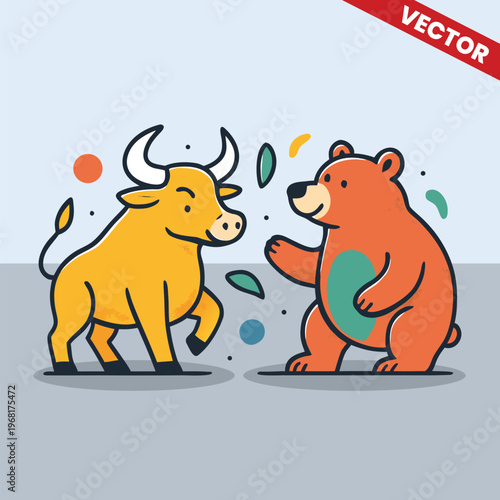 Bull and Bear Fighting for Market Dominance Flat Vector Illustration Financial Battle Concept Stock Market Trends Bullish vs Bearish Sentiment for Trading and Business Design