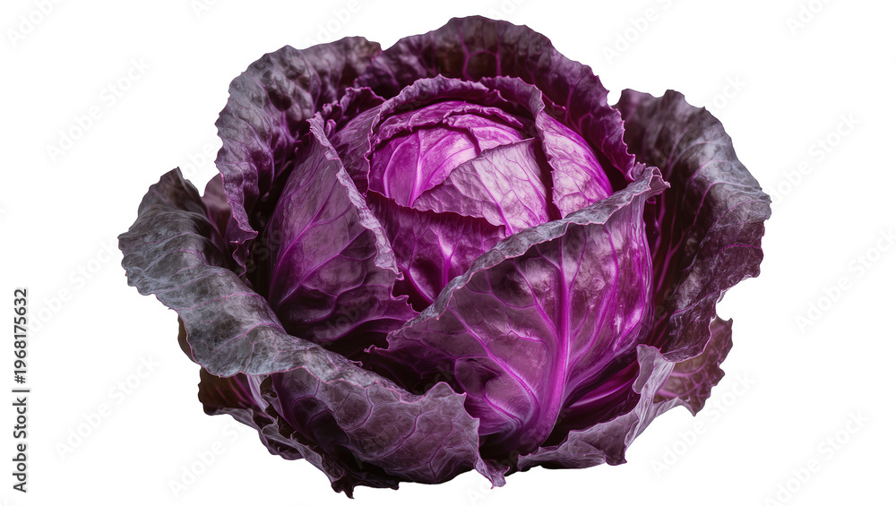 Obraz premium Vibrant purple Savoy cabbage head with deeply textured ruffled leaves, isolated on transparent background for healthy food advertising