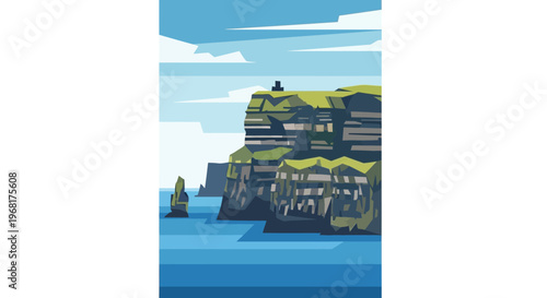 Stylized Cliffs Overlooking Blue Ocean Waters.