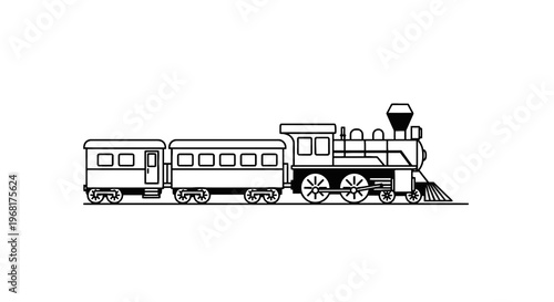 A detailed outline of a vintage train featuring a locomotive and passenger cars, black and white