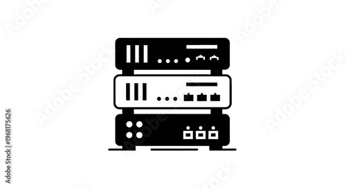 Stacked, stylized black and white computer servers with ports, vents, and indicator lights