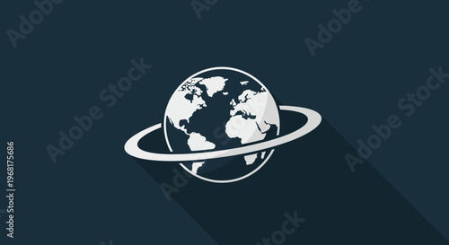 Stylized Globe with Orbiting Ring and Long Shadow.