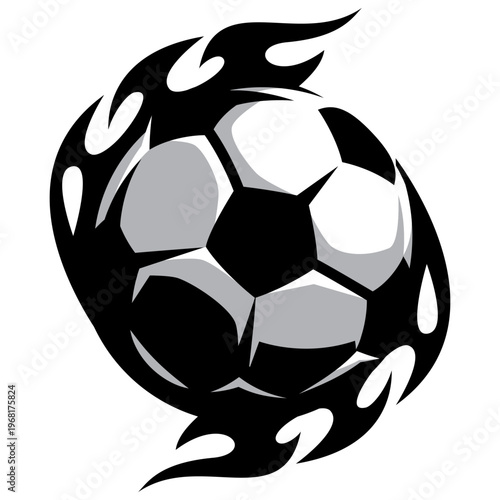 Fiery Soccer Ball Emblem with Dynamic Flames in Black and White for Sporty Design Elements and Team Logos.