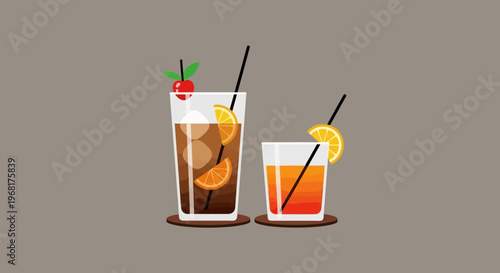 Two refreshing cocktails with ice and garnishes on a plain background.