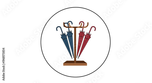Umbrella Stand with Colorful Umbrellas Inside.
