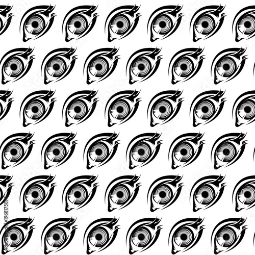Repeating Pattern of Stylized Tribal Eye Designs in Black and White for Abstract Backgrounds and Modern Textile Prints.