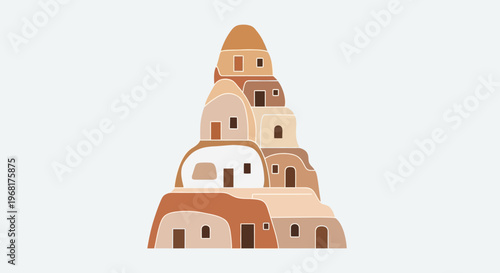 Stylized illustration of stacked cave dwellings in earthy tones.