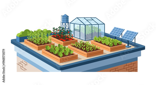 Urban Rooftop Garden with Greenhouse and Solar Panels.