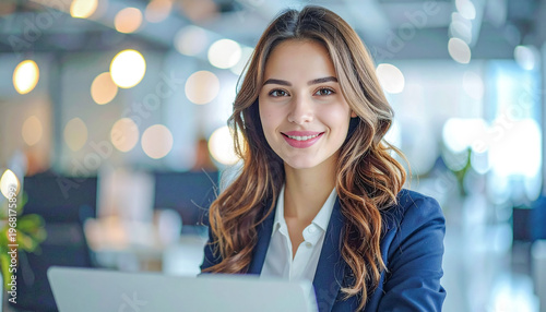 A beautiful female employee is working on her laptop in a modern office.