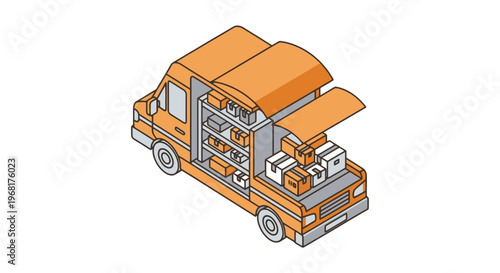 Isometric view of an orange delivery truck with open compartments filled with boxes