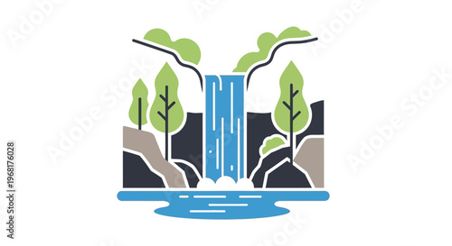 Stylized Waterfall Illustration with Lush Greenery and Rocky Outcroppings.