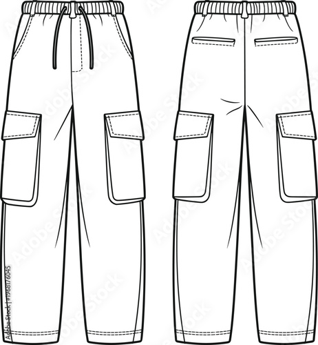 Technical fashion illustration of cargo pants front and back views with elastic waistband, drawstring, flap pockets, and detailed stitching design