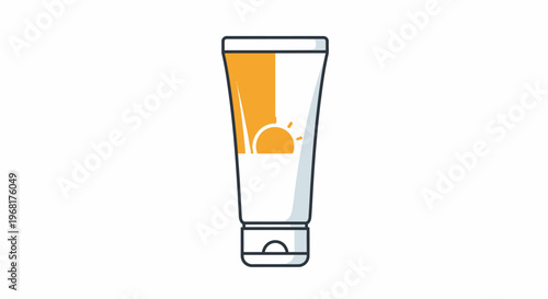 Sunscreen tube with sun logo and orange cap.