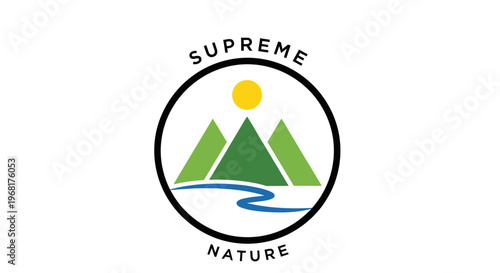 Supreme Nature Logo Design Featuring Mountains River and Sun.