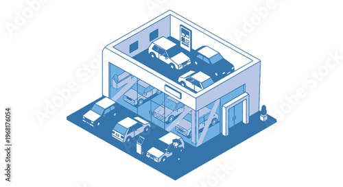 Isometric view of a car dealership, showcasing cars inside and out with a person