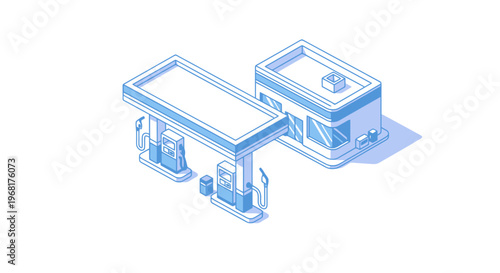 Isometric illustration of a gas station with a canopy, pumps, and a connected convenience store
