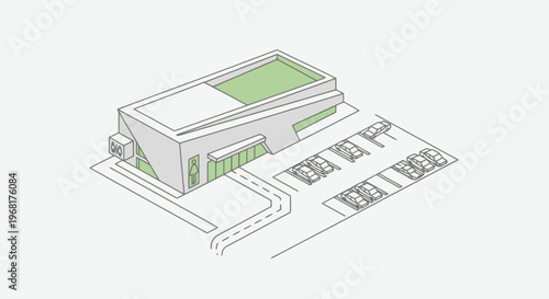 Isometric view of a modern building with a parking lot and green rooftop