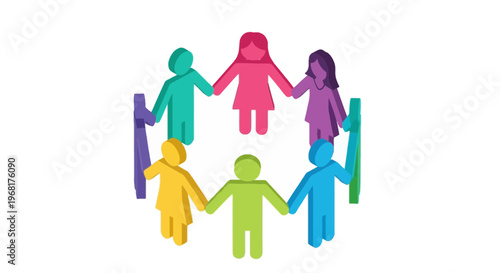 A circle of stylized human figures holding hands in various bright colors on white