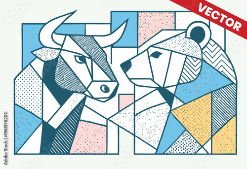 Modern Line Art Bull vs Bear Confrontation with Geometric Background and Sketch Style for Professional Financial Services Stock Market Report and Investment Strategy Concept Illustration