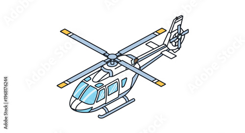 Isometric view of a light blue and white helicopter, with blades extended, against white background