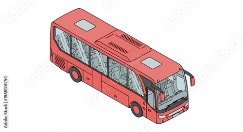 Isometric view of a red passenger bus with windows, roof vents, and detailed front