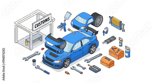 Isometric illustration of a blue car with parts, tools, and a Customs sign