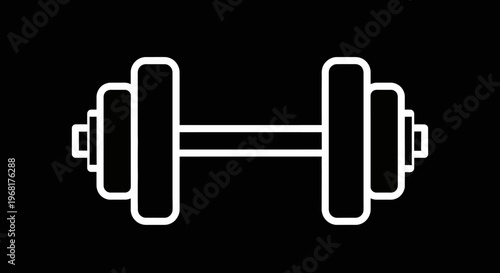 White Dumbbell Icon on Black Background for Fitness.