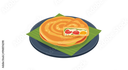 Delicious savory flatbread illustration with egg and tomato filling served on a banana leaf on a dark plate