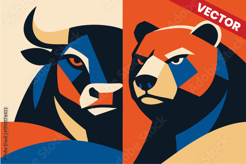Close Up Stylized Bull and Bear Face Illustration for Stock Market Power Struggle Financial Competition and Global Economy Trading Concept Vector Art