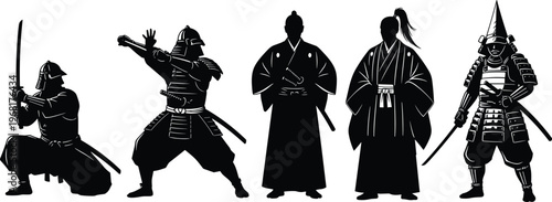 samurai, silhouettes, warriors, japan, traditional, katana, armor, fighter, culture, history, martial, art, people, set, isolated, white, background, black, collection, design