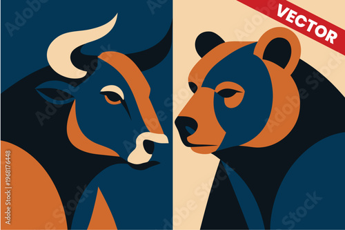 Dual Tone Bull and Bear Portrait for Financial Branding Stock Market Volatility Concept and Investment Trading Business Strategy Graphic Illustration