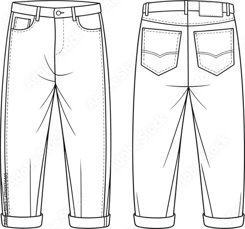 Technical fashion illustration of jeans front and back views with waistband, belt loops, button closure, coin pocket, patch pockets, yoke, and rolled cuffs