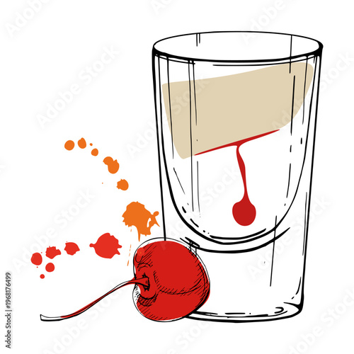Cream and caramel layered Slippery Nipple in glass shot with cherry accent, juice splash in vector, ink hand drawn outline. Isolated flat illustration. For drink icons, posters, or festive branding.