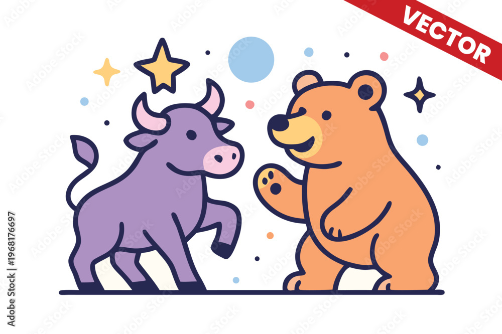 Fototapeta premium Cute Purple Bull and Brown Bear Cartoon Style Illustration for Creative Finance Projects Investment Apps and Social Media Content About Stock Market Trends and Personal Wealth Management