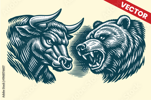 Vintage Etched Style Bull and Bear Head Illustration, Classic Stock Market Financial Icon, Detailed Engraving Artwork for Investment Branding, Traditional Wall Street Symbolism Graphics