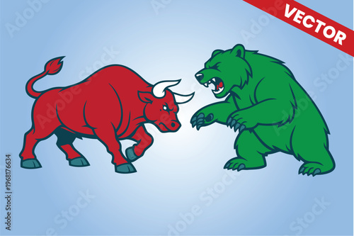 Minimalist Red Bull Facing Green Bear Vector Illustration, Stock Market Bullish vs Bearish Sentiment Symbol, Clean Finance Concept Art for Business Presentation, Simple Trading Competition Icon