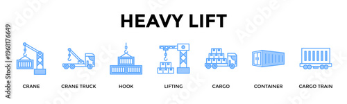 Heavy Lift Banner Web Icon Set Collection Pack Vector Illustration Concept For Handle Oversized Cargo Safely Across Terminals Cranes And Rail Transfer