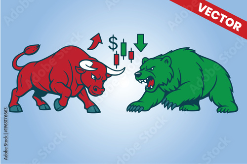 Red Bull vs Green Bear Fighting Illustration for Stock Market Analysis, Financial Conflict and Market Volatility Concept, Angry Animals Trading Competition Graphic, Professional Trading Background