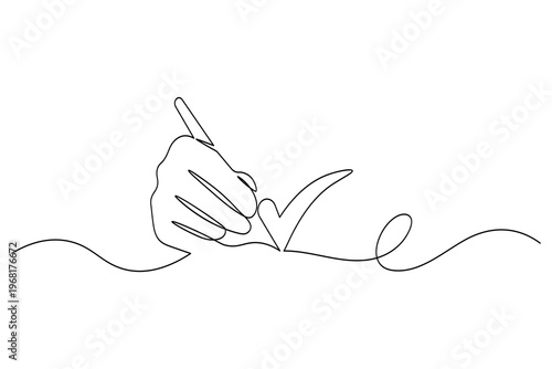 Check mark icon continuous one line drawing on white background

