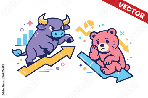 Cute Cartoon Bull and Bear Stock Market Illustration, Financial Growth and Loss Concept, Bullish and Bearish Trend Graphics for Trading App, Playful Investment Economy Vector Art Design