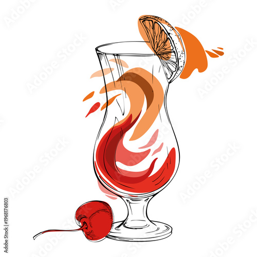 Tequila Sunrise, Mai Tai tropical cocktail, fruit juice splash in hurricane glass hand drawn in ink, vector orange red swirl, cherry and citrus garnish. Summer branding, bar posters, and drink kits.