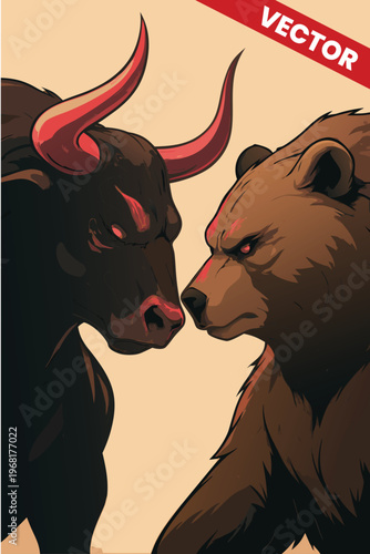 Angry Bull vs Bear Head to Head Confrontation Illustration Stock Market Volatility Financial Crisis Competition Aggressive Trading Concept Vector Art for Business Design