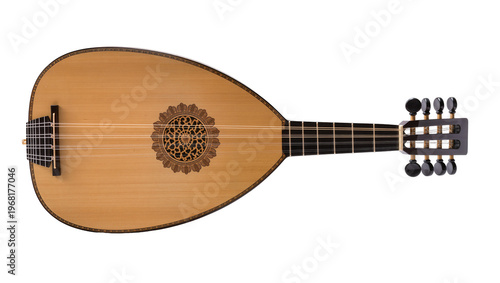 Antique pear-shaped lute with intricate rosette soundhole featuring six gut strings and elegant wooden tuning pegs, isolated on transparent background for musical designs